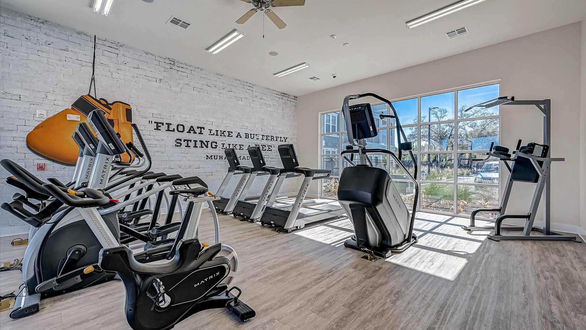 Free Weights in the Convenient Gym Amenity with Graphic wall saying 