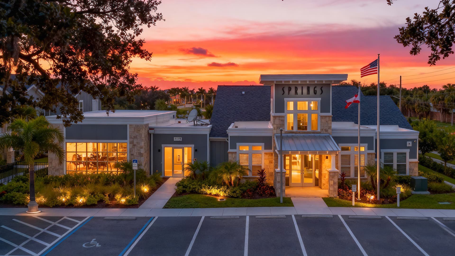 Edit Springs at Daniels Parkway Clubhouse Exterior Sunset Edit Springs at Daniels Parkway Clubhouse Exterior Sunset