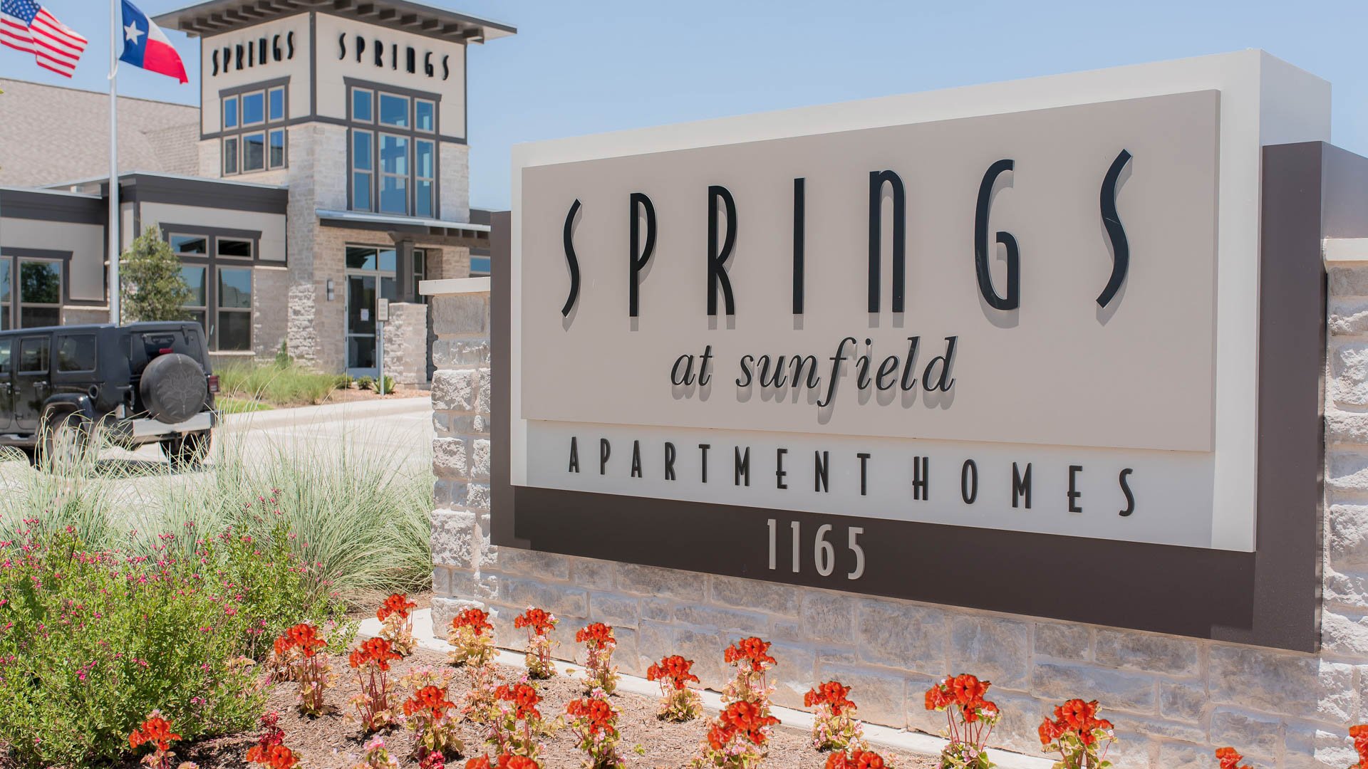Monument Sign at Springs at Sunfield Apartments In Buda TX-81